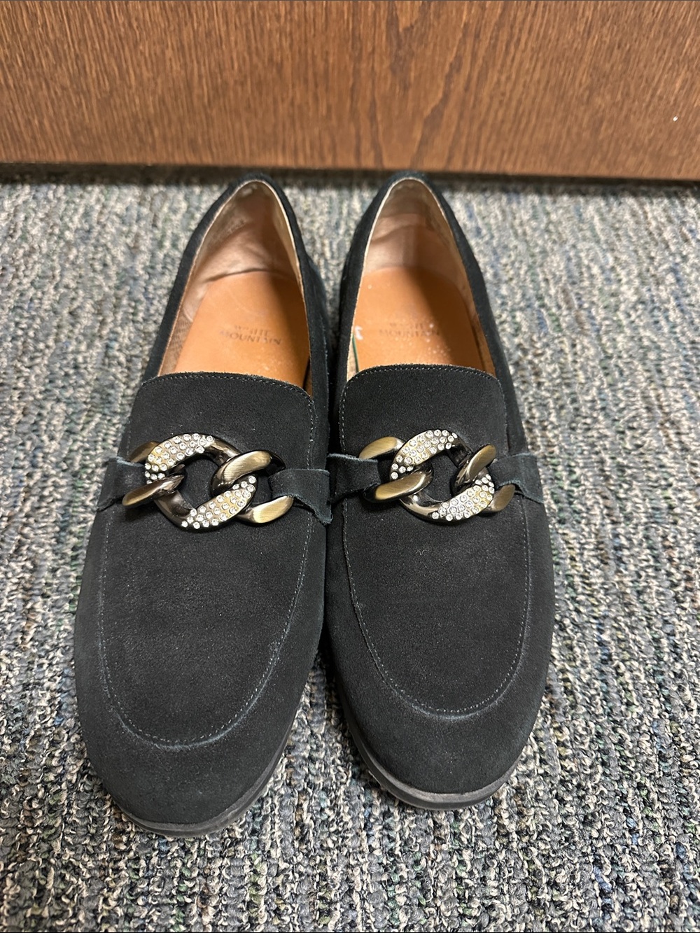 White Mountain Black Suede Loafers with Rhinestone Chain Accent